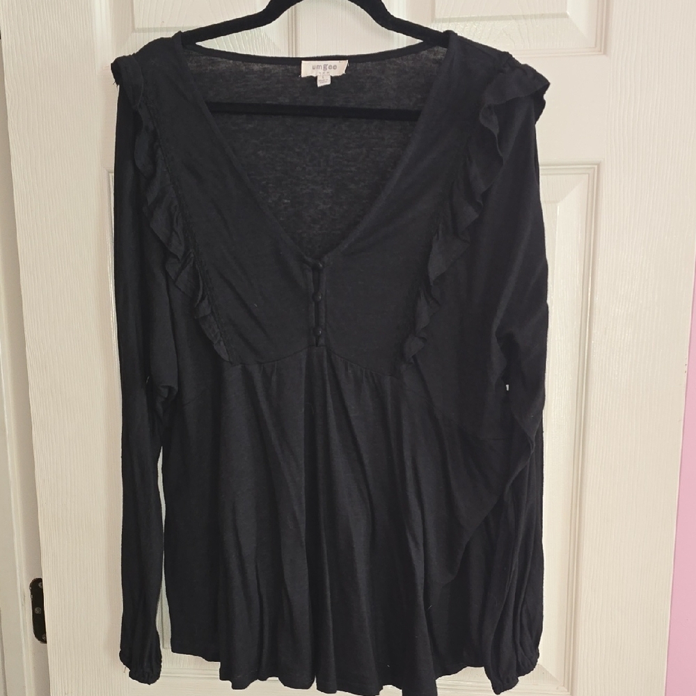 Umgee Black Ruffle V-Neck Long Sleeve Top